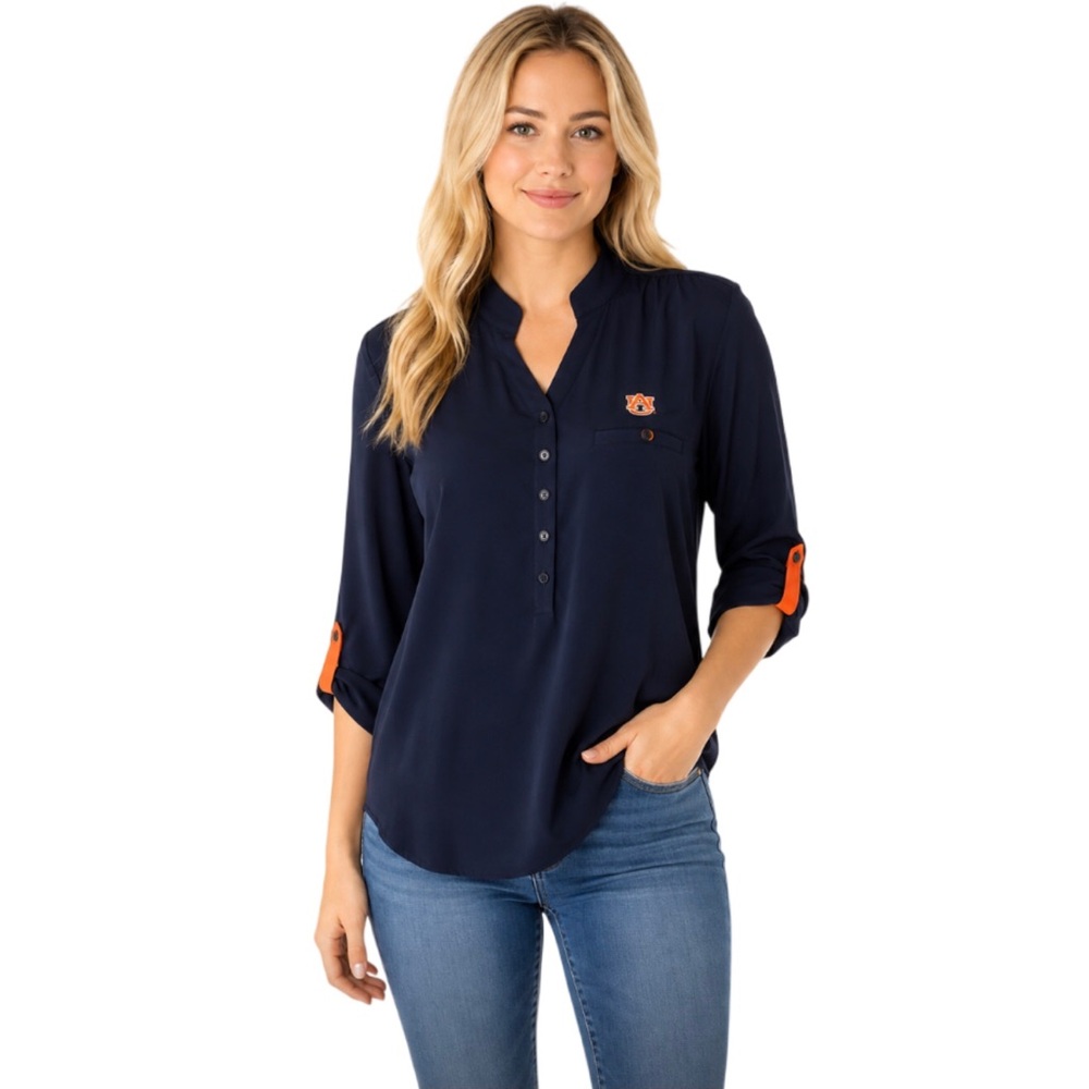 Auburn Tigers Womens Top Size Small Blue Blouse Stitched Logo Relaxed Fit Shirt